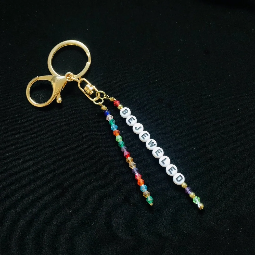 Swiftie Bejeweled Keychain Hand Beaded Multi-Colored Crystals Gold Tone Keychain